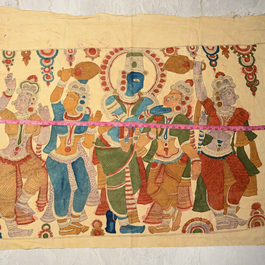 31 x 44 Vishnu Pacify Lakshmi Theme : Off White Authentic Pen Kalamkari Wall Mural on Cotton, Unframed