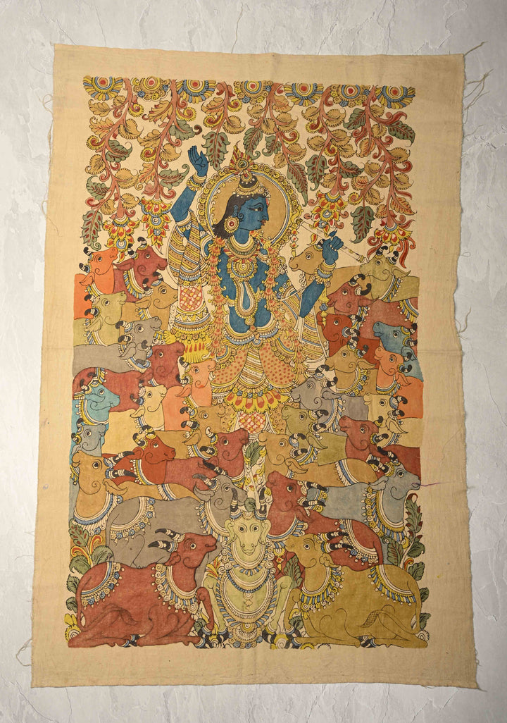 45 x 27 Venu Gopal Krishna the Cowherd Theme : Beige Authentic Pen Kalamkari Wall Mural on Fabric, Unframed