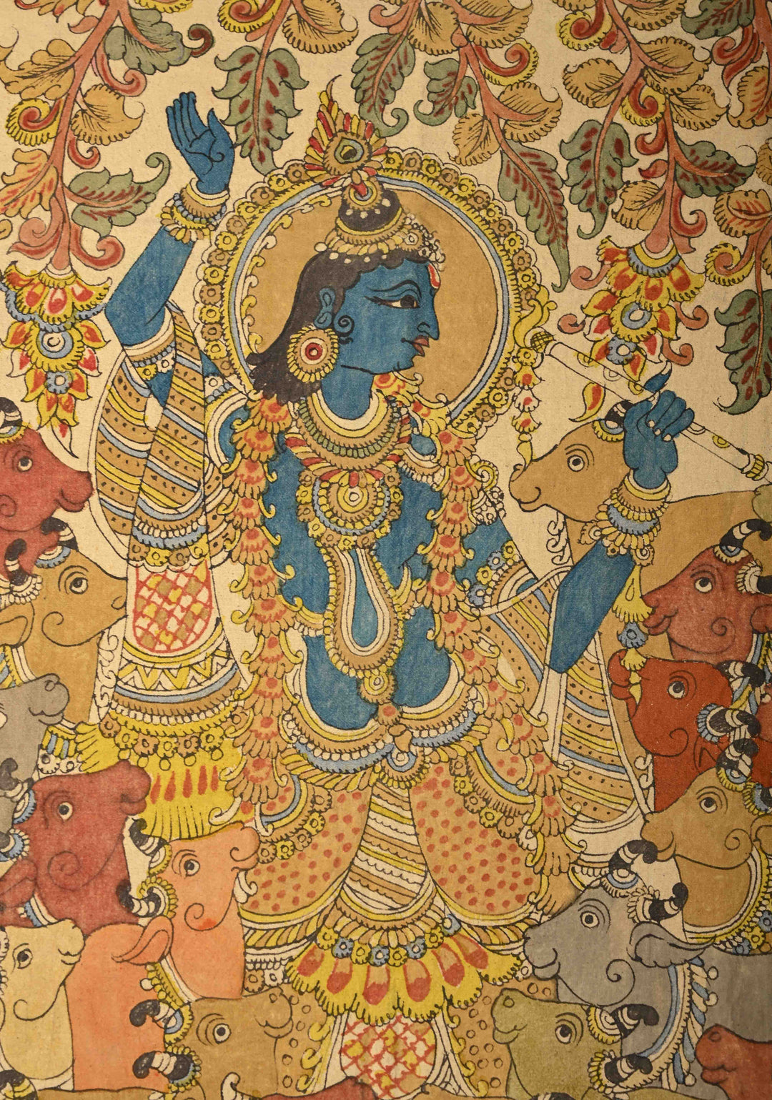 45 x 27 Venu Gopal Krishna the Cowherd Theme : Beige Authentic Pen Kalamkari Wall Mural on Fabric, Unframed