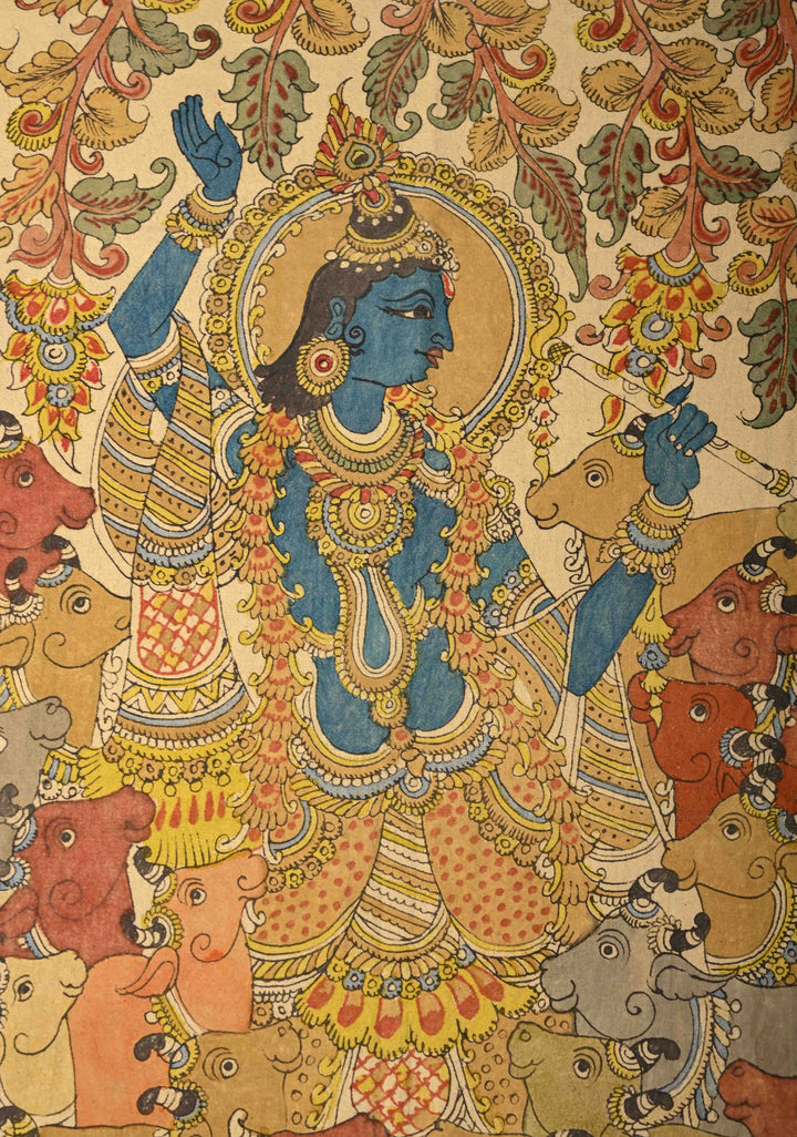 45 x 27 Venu Gopal Krishna the Cowherd Theme : Beige Authentic Pen Kalamkari Wall Mural on Fabric, Unframed