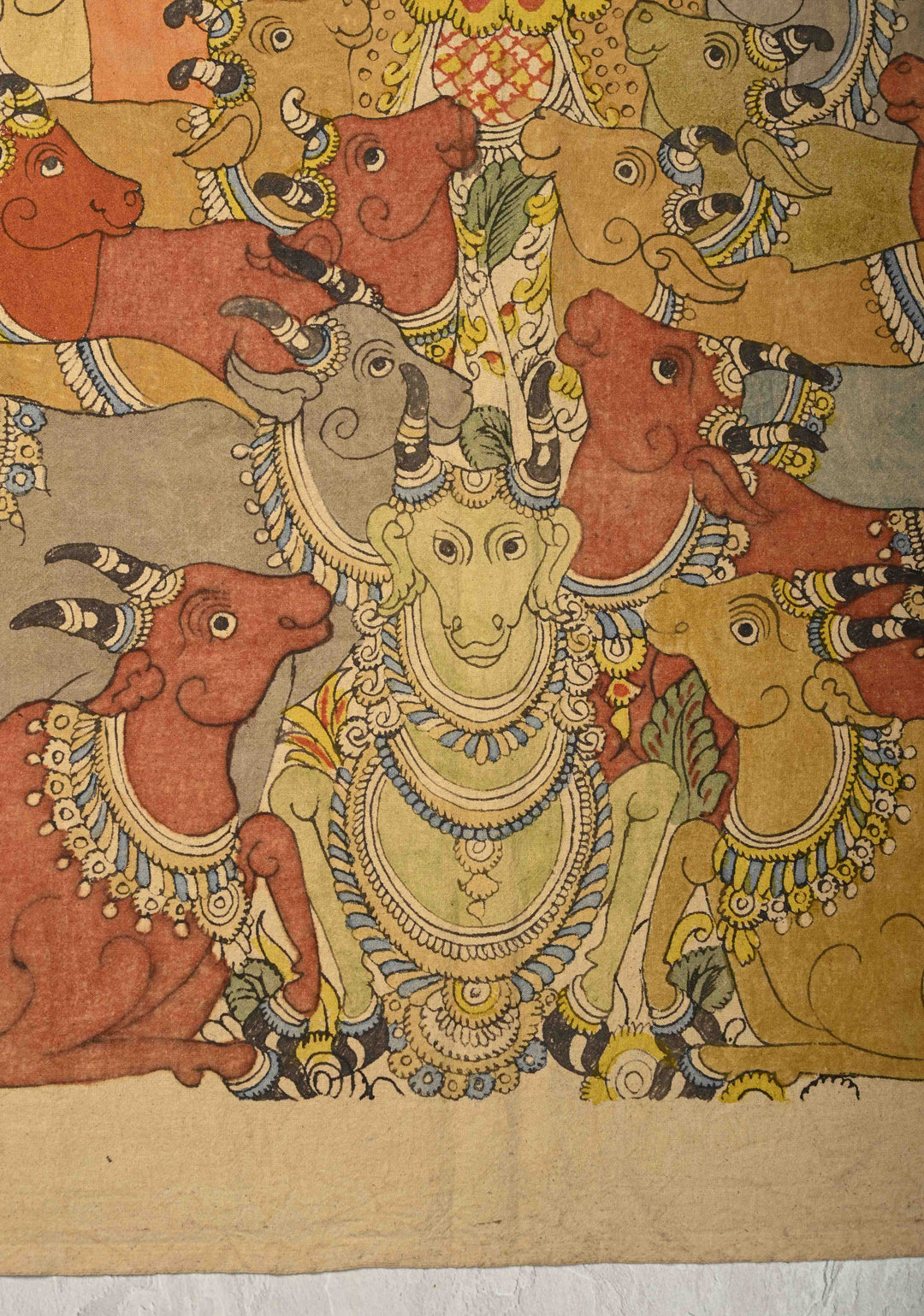 45 x 27 Venu Gopal Krishna the Cowherd Theme : Beige Authentic Pen Kalamkari Wall Mural on Fabric, Unframed