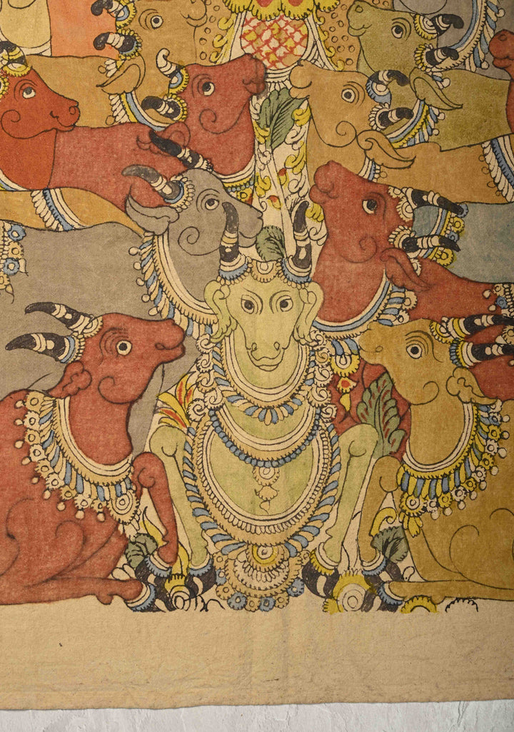 45 x 27 Venu Gopal Krishna the Cowherd Theme : Beige Authentic Pen Kalamkari Wall Mural on Fabric, Unframed