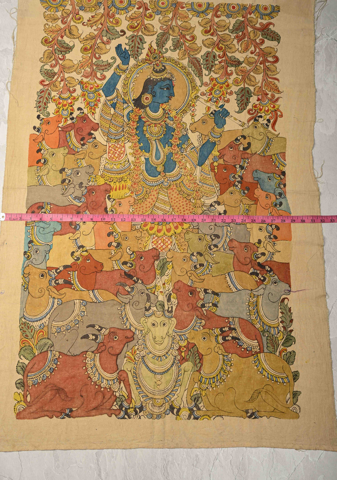 45 x 27 Venu Gopal Krishna the Cowherd Theme : Beige Authentic Pen Kalamkari Wall Mural on Fabric, Unframed