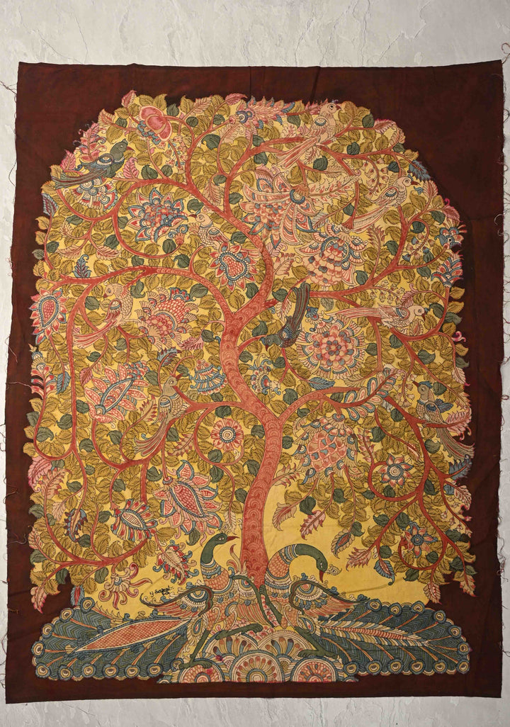 48 x 35 Tree of Life Intricate Theme : Authentic Pen Kalamkari Wall Mural on Fabric, Unframed