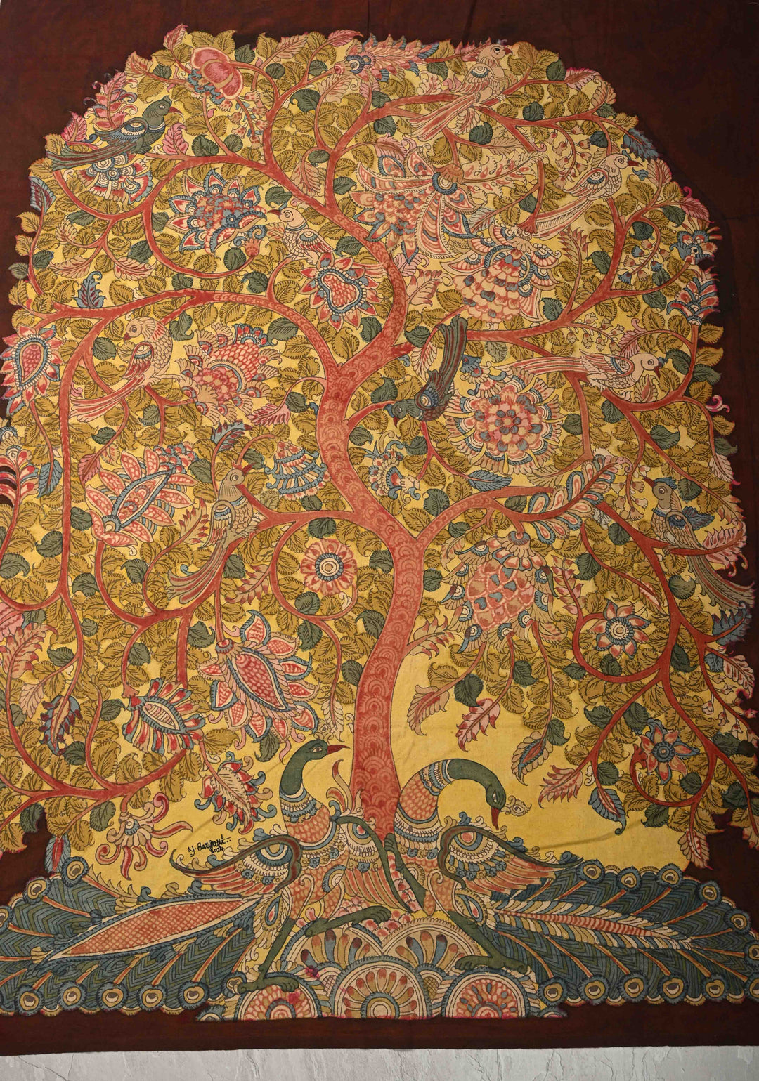48 x 35 Tree of Life Intricate Theme : Authentic Pen Kalamkari Wall Mural on Fabric, Unframed