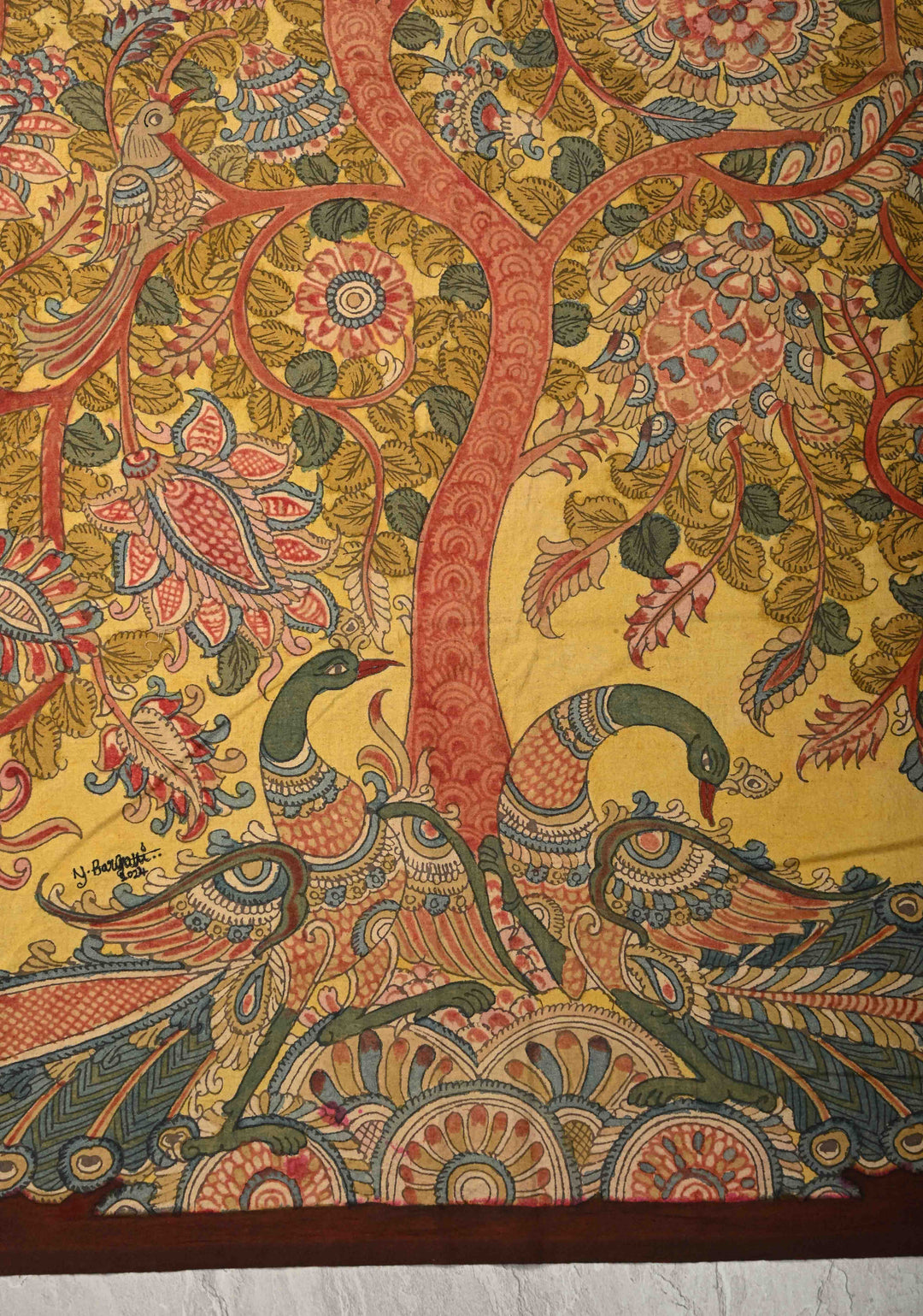 48 x 35 Tree of Life Intricate Theme : Authentic Pen Kalamkari Wall Mural on Fabric, Unframed