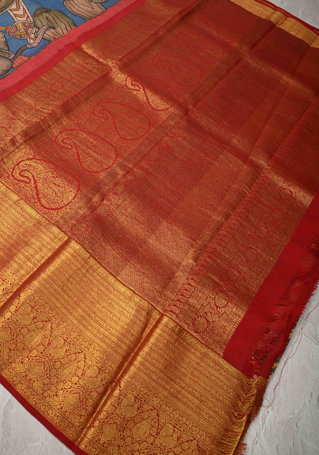 Ramayana Design : Authentic Pen Kalamkari on Pure Kanjivaram Silk Saree with Contrast Zari Border | SILK MARK CERTIFIED