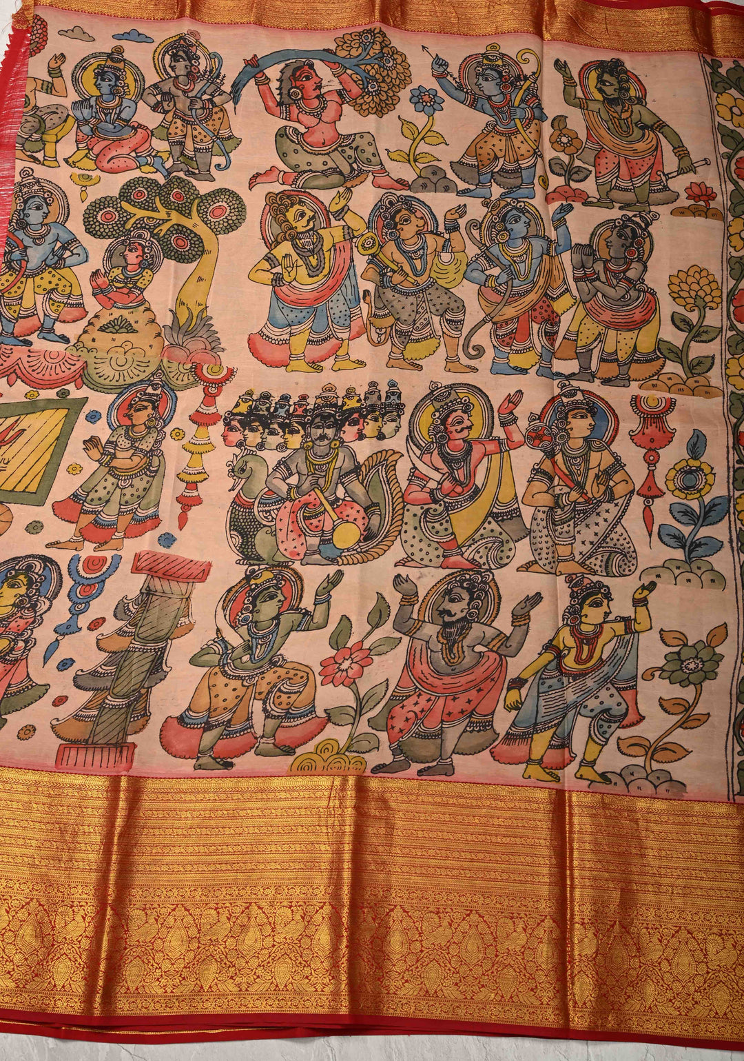 Ramayana Design : Authentic Pen Kalamkari on Pure Kanjivaram Silk Saree with Contrast Zari Border | SILK MARK CERTIFIED