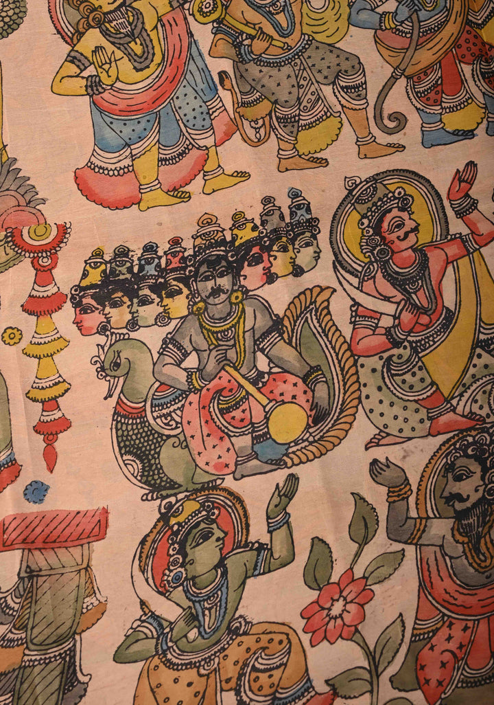 Ramayana Design : Authentic Pen Kalamkari on Pure Kanjivaram Silk Saree with Contrast Zari Border | SILK MARK CERTIFIED