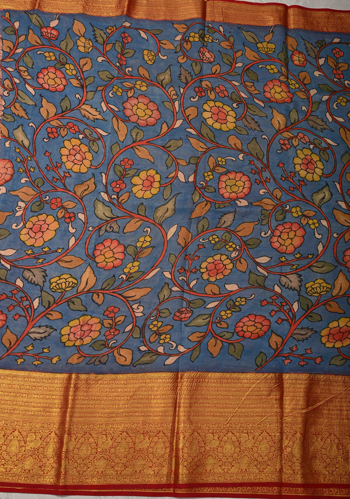 Ramayana Design : Authentic Pen Kalamkari on Pure Kanjivaram Silk Saree with Contrast Zari Border | SILK MARK CERTIFIED