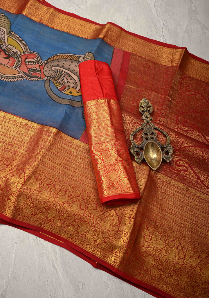 Ramayana Design : Authentic Pen Kalamkari on Pure Kanjivaram Silk Saree with Contrast Zari Border | SILK MARK CERTIFIED