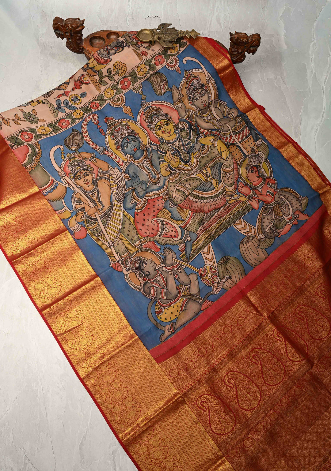 Ramayana Design : Authentic Pen Kalamkari on Pure Kanjivaram Silk Saree with Contrast Zari Border | SILK MARK CERTIFIED