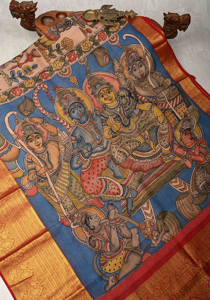 Ramayana Design : Authentic Pen Kalamkari on Pure Kanjivaram Silk Saree with Contrast Zari Border | SILK MARK CERTIFIED