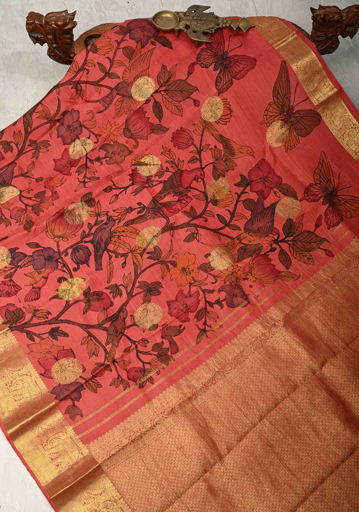 Humming Bird and Butterfly Design Theme : Coral Pink Authentic Pen kalamkari on Pure Kanjivaram Silk Saree with Zari Buttas and Zari Border | SILK MARK CERTIFIED
