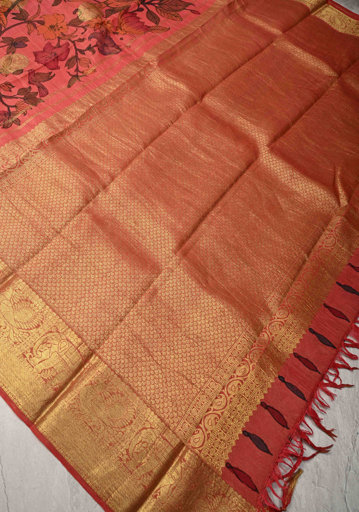 Humming Bird and Butterfly Design Theme : Coral Pink Authentic Pen kalamkari on Pure Kanjivaram Silk Saree with Zari Buttas and Zari Border | SILK MARK CERTIFIED