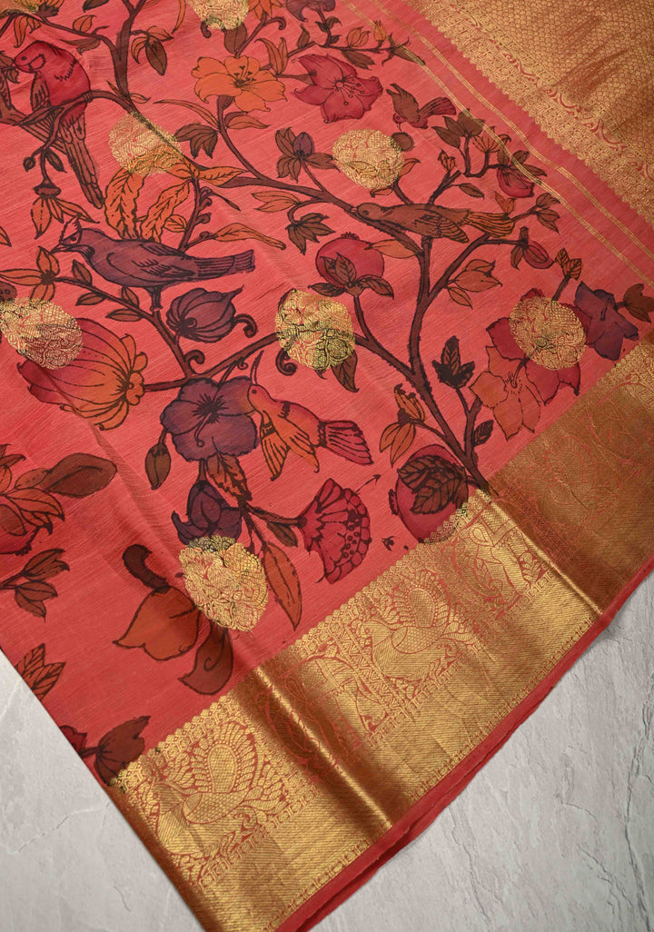 Humming Bird and Butterfly Design Theme : Coral Pink Authentic Pen kalamkari on Pure Kanjivaram Silk Saree with Zari Buttas and Zari Border | SILK MARK CERTIFIED