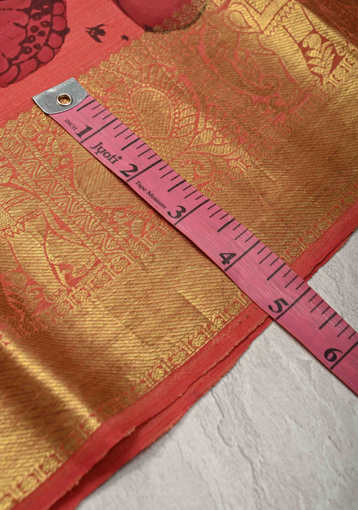 Humming Bird and Butterfly Design Theme : Coral Pink Authentic Pen kalamkari on Pure Kanjivaram Silk Saree with Zari Buttas and Zari Border | SILK MARK CERTIFIED
