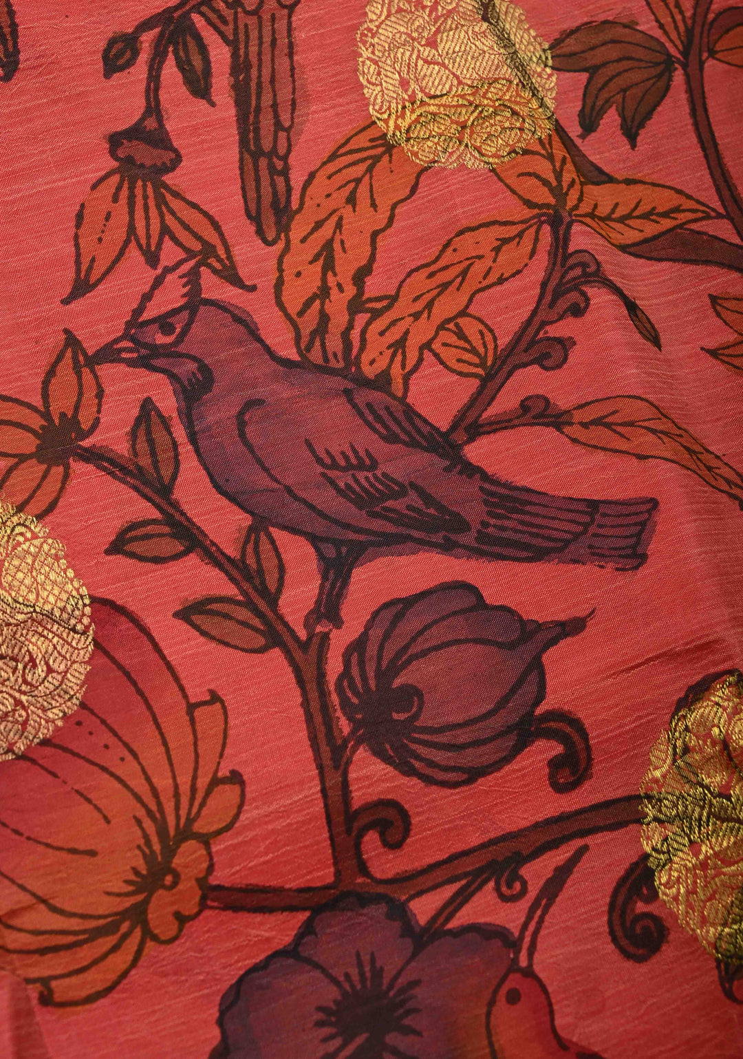 Humming Bird and Butterfly Design Theme : Coral Pink Authentic Pen kalamkari on Pure Kanjivaram Silk Saree with Zari Buttas and Zari Border | SILK MARK CERTIFIED