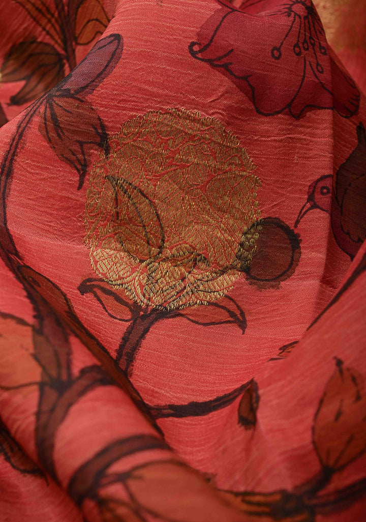 Humming Bird and Butterfly Design Theme : Coral Pink Authentic Pen kalamkari on Pure Kanjivaram Silk Saree with Zari Buttas and Zari Border | SILK MARK CERTIFIED