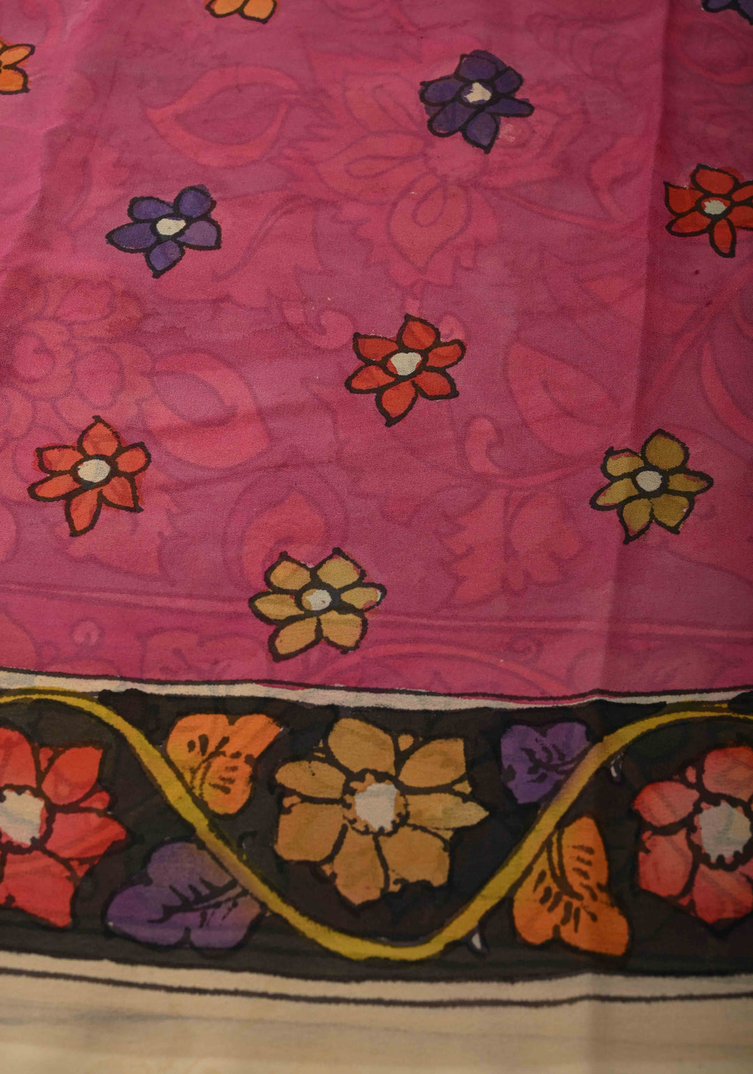 Azure Blue Authentic Pen Kalamkari on Pure Georgette Saree with Border | SILK MARK CERTIFIED