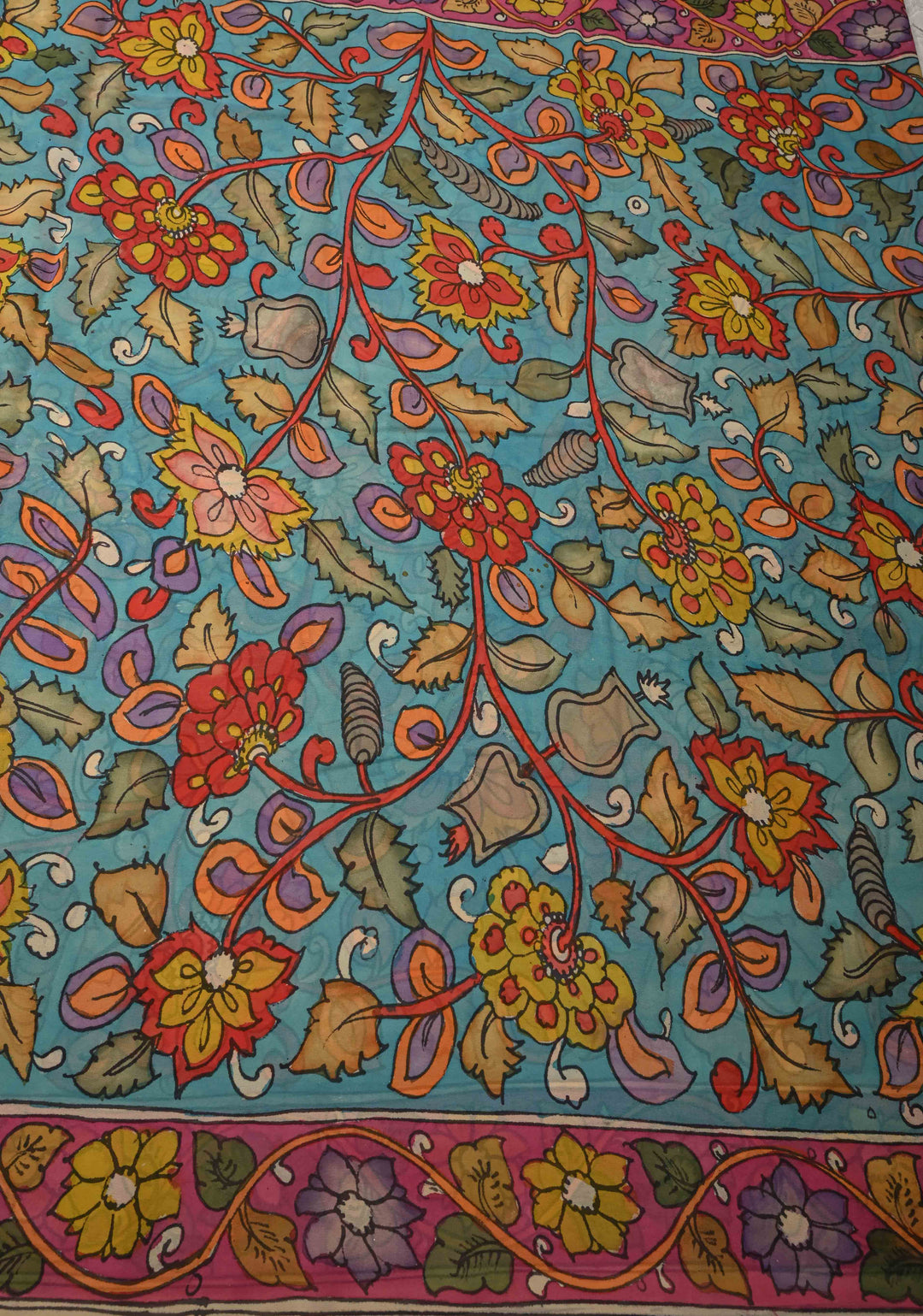 Azure Blue Authentic Pen Kalamkari on Pure Georgette Saree with Border | SILK MARK CERTIFIED