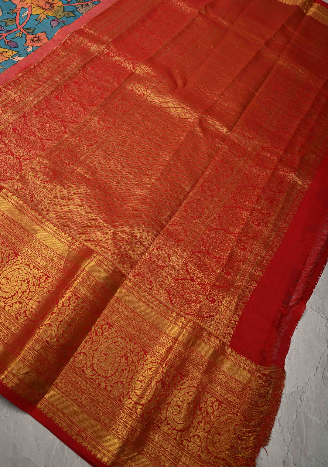 Shaded Floral Theme : Ananda Blue Authentic Pen Kalamkari on Pure Kanjivaram Silk Saree and Wide Zari Borders | SILK MARK CERTIFIED