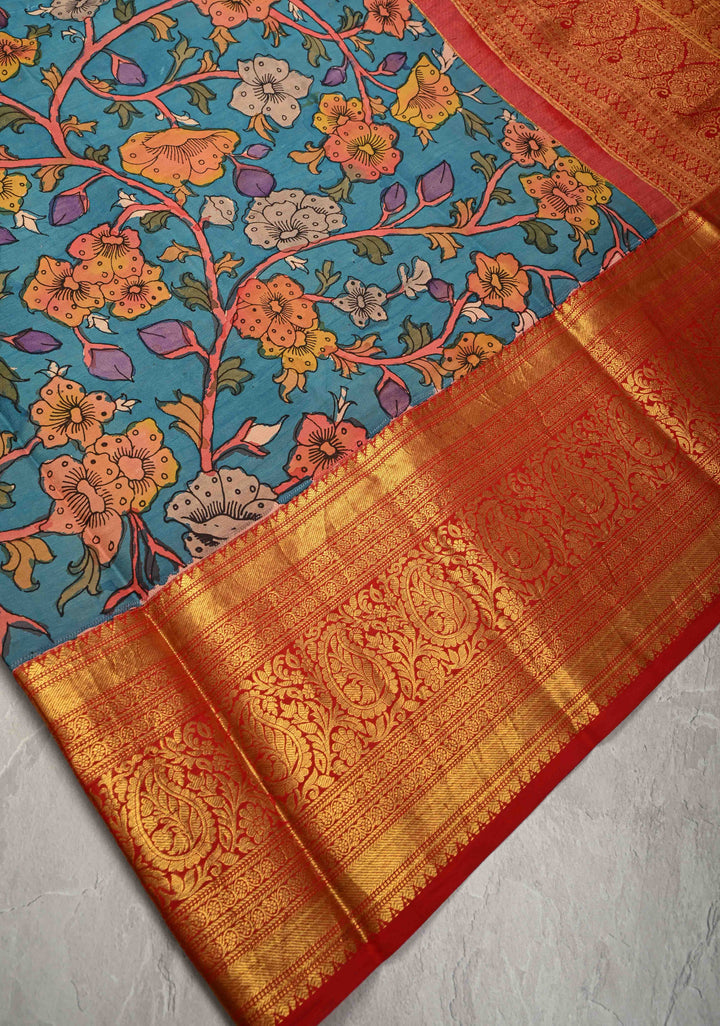 Shaded Floral Theme : Ananda Blue Authentic Pen Kalamkari on Pure Kanjivaram Silk Saree and Wide Zari Borders | SILK MARK CERTIFIED