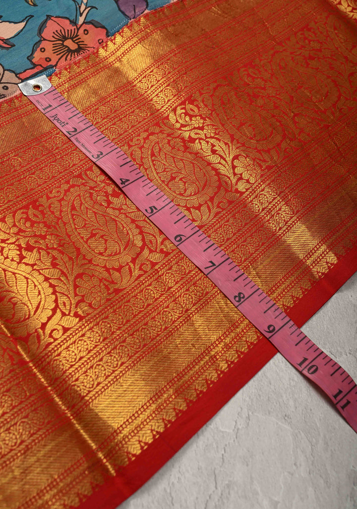 Shaded Floral Theme : Ananda Blue Authentic Pen Kalamkari on Pure Kanjivaram Silk Saree and Wide Zari Borders | SILK MARK CERTIFIED