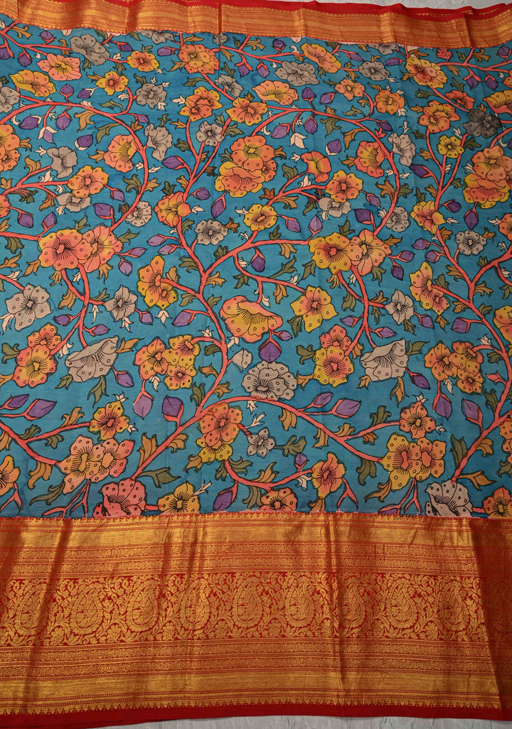 Shaded Floral Theme : Ananda Blue Authentic Pen Kalamkari on Pure Kanjivaram Silk Saree and Wide Zari Borders | SILK MARK CERTIFIED