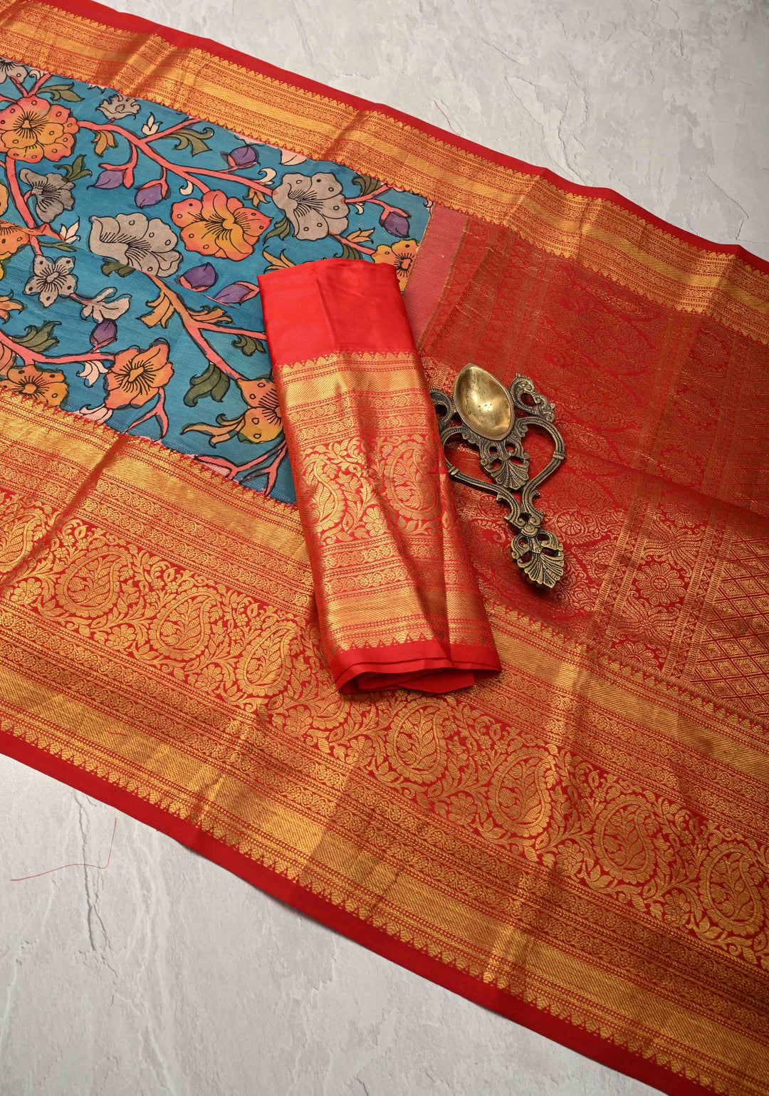 Shaded Floral Theme : Ananda Blue Authentic Pen Kalamkari on Pure Kanjivaram Silk Saree and Wide Zari Borders | SILK MARK CERTIFIED