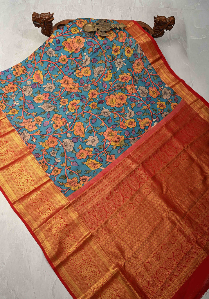 Shaded Floral Theme : Ananda Blue Authentic Pen Kalamkari on Pure Kanjivaram Silk Saree and Wide Zari Borders | SILK MARK CERTIFIED