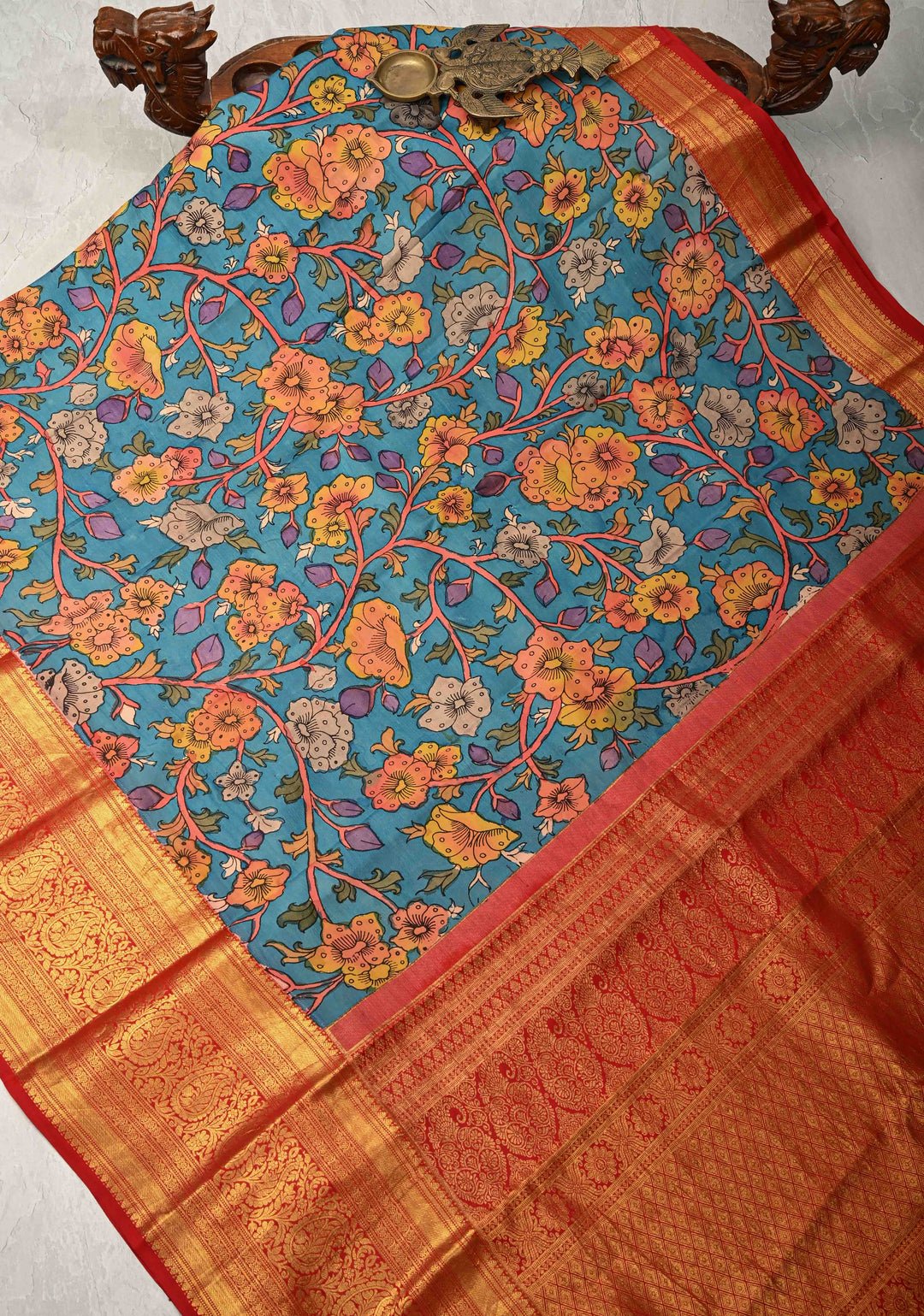 Shaded Floral Theme : Ananda Blue Authentic Pen Kalamkari on Pure Kanjivaram Silk Saree and Wide Zari Borders | SILK MARK CERTIFIED