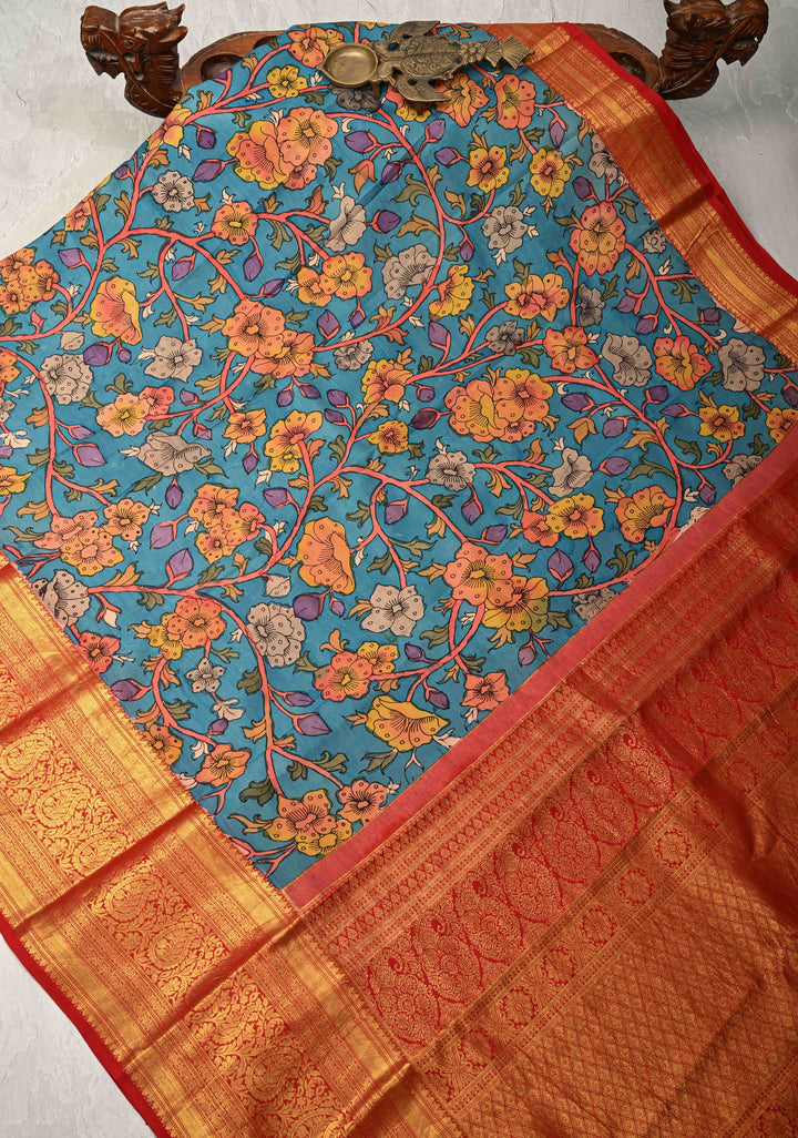 Shaded Floral Theme : Ananda Blue Authentic Pen Kalamkari on Pure Kanjivaram Silk Saree and Wide Zari Borders | SILK MARK CERTIFIED