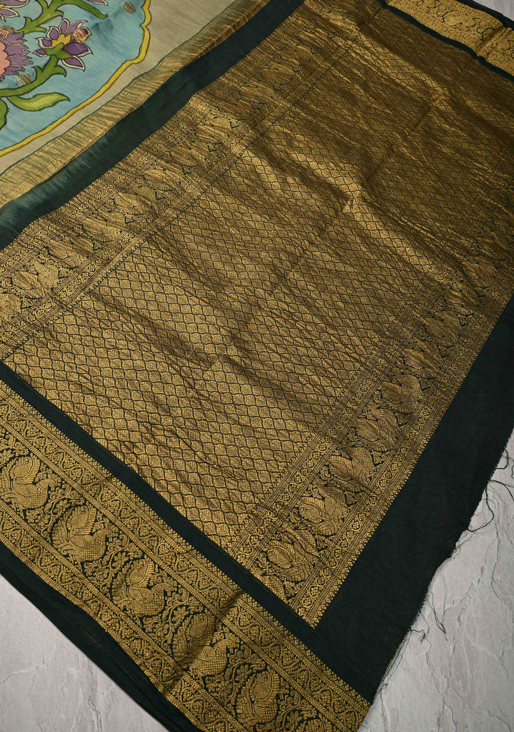 Floral and Arches Theme : Authentic Pen Kalamkari on Pure Kanjivaram Silk Saree with Two Sides Green Border | SILK MARK CERTIFIED