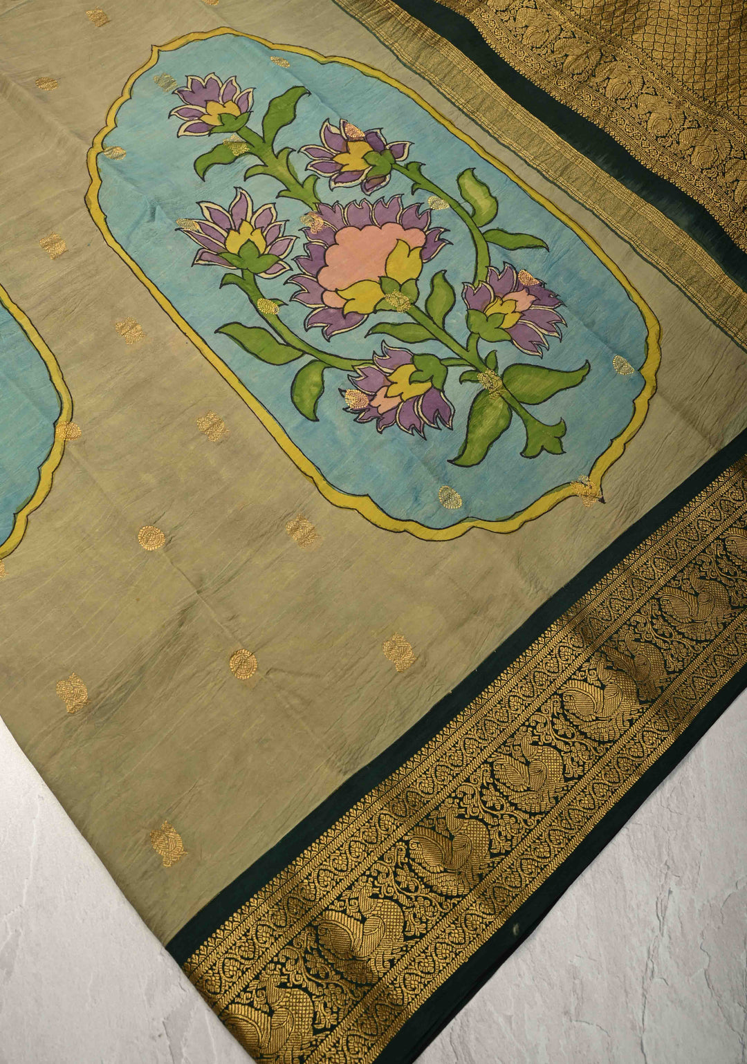 Floral and Arches Theme : Authentic Pen Kalamkari on Pure Kanjivaram Silk Saree with Two Sides Green Border | SILK MARK CERTIFIED
