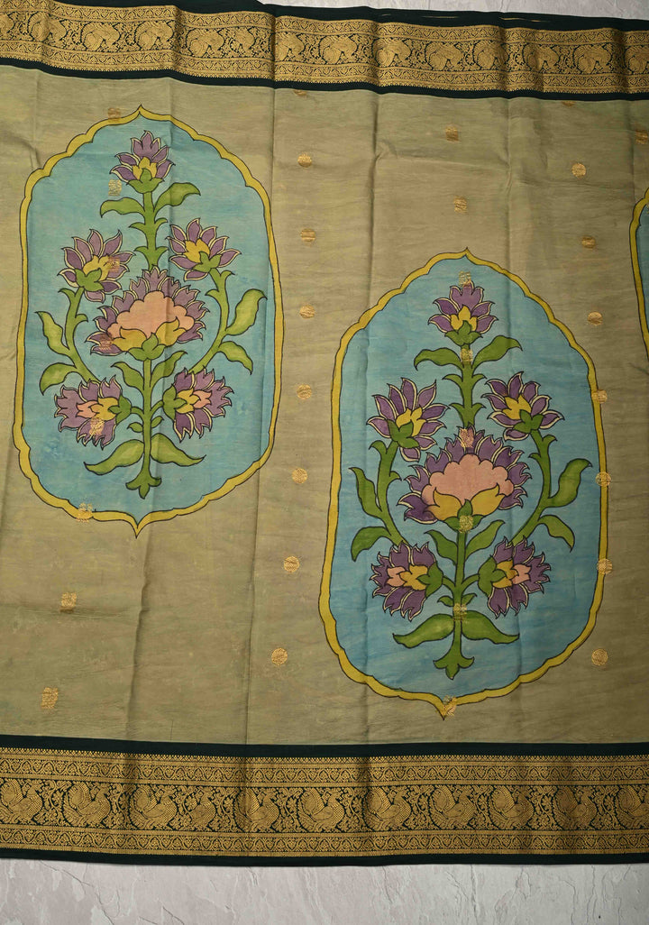 Floral and Arches Theme : Authentic Pen Kalamkari on Pure Kanjivaram Silk Saree with Two Sides Green Border | SILK MARK CERTIFIED