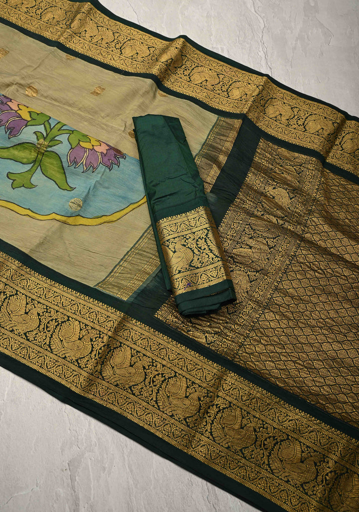 Floral and Arches Theme : Authentic Pen Kalamkari on Pure Kanjivaram Silk Saree with Two Sides Green Border | SILK MARK CERTIFIED