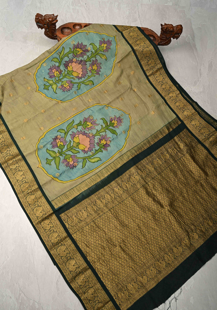 Floral and Arches Theme : Authentic Pen Kalamkari on Pure Kanjivaram Silk Saree with Two Sides Green Border | SILK MARK CERTIFIED