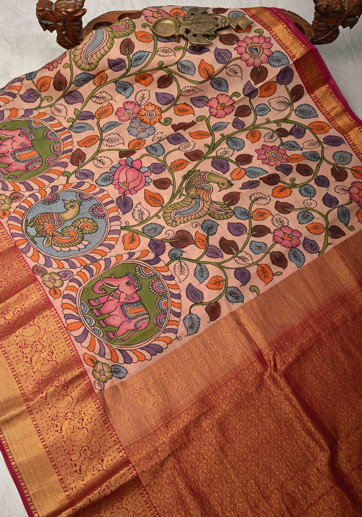 Dusty Pink Authentic Pen Kalamkari Saree with Elephant-Peacock-Mandalas and Floral Design on Pure Kanjivaram Silk with Contrast Zari Borders | SILK MARK CERTIFIED