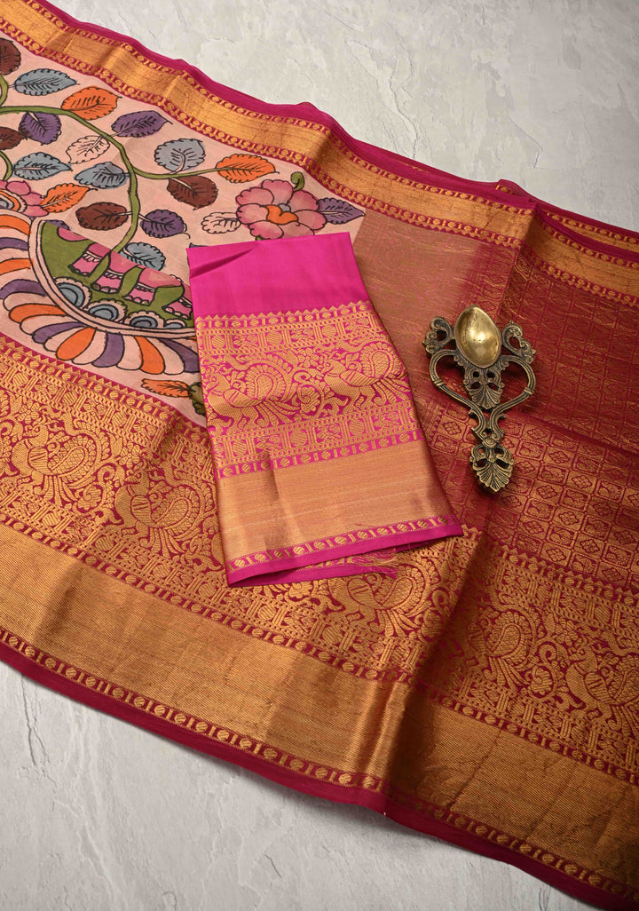Dusty Pink Authentic Pen Kalamkari Saree with Elephant-Peacock-Mandalas and Floral Design on Pure Kanjivaram Silk with Contrast Zari Borders | SILK MARK CERTIFIED