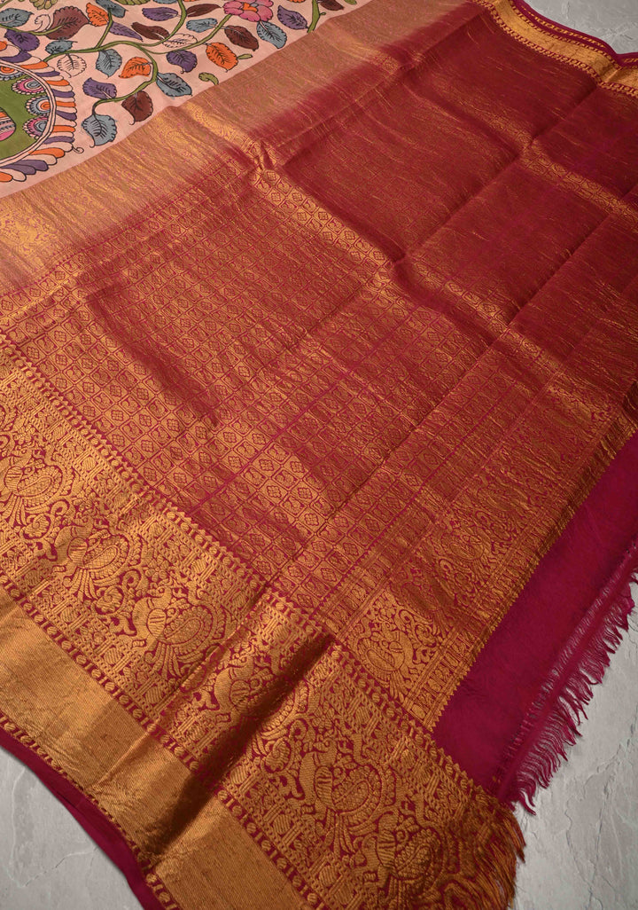 Dusty Pink Authentic Pen Kalamkari Saree with Elephant-Peacock-Mandalas and Floral Design on Pure Kanjivaram Silk with Contrast Zari Borders | SILK MARK CERTIFIED