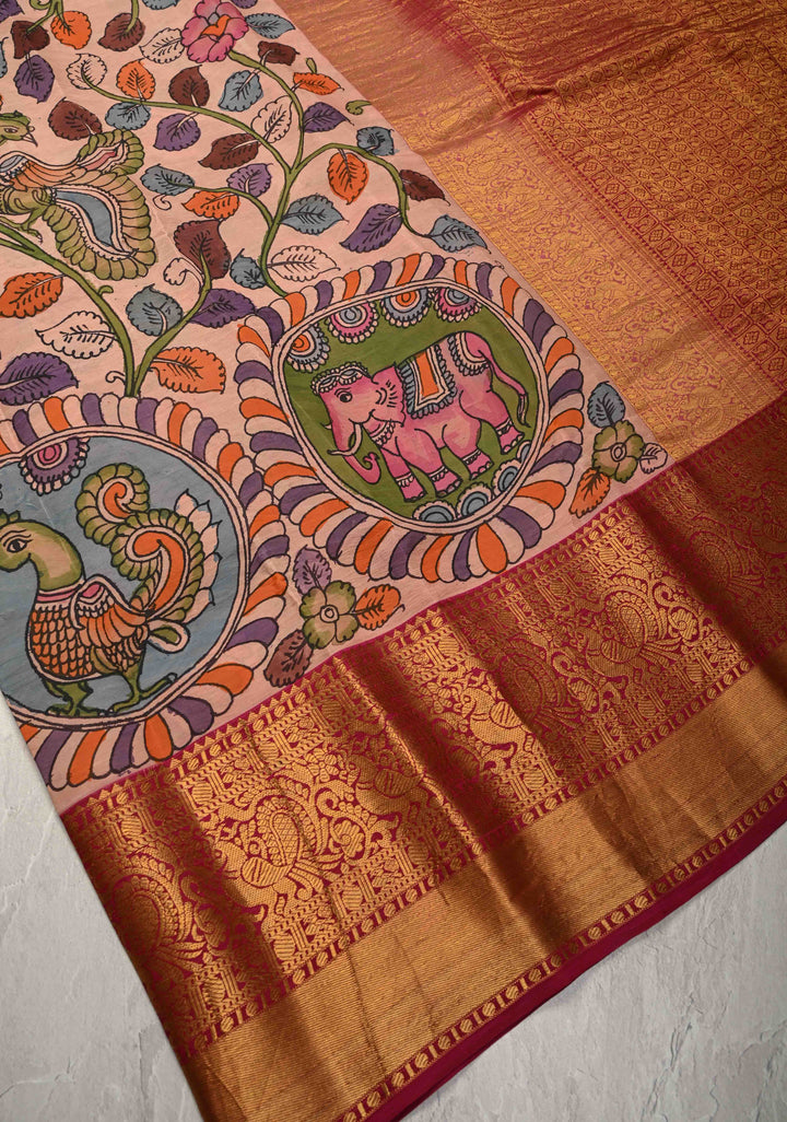 Dusty Pink Authentic Pen Kalamkari Saree with Elephant-Peacock-Mandalas and Floral Design on Pure Kanjivaram Silk with Contrast Zari Borders | SILK MARK CERTIFIED