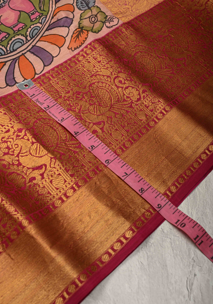 Dusty Pink Authentic Pen Kalamkari Saree with Elephant-Peacock-Mandalas and Floral Design on Pure Kanjivaram Silk with Contrast Zari Borders | SILK MARK CERTIFIED