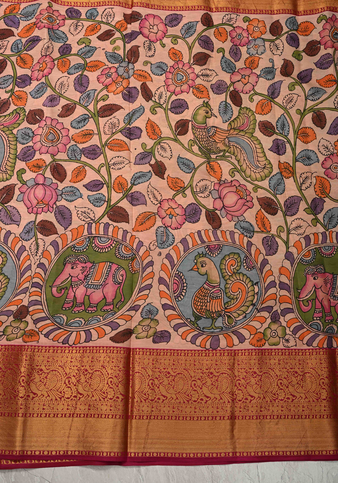 Dusty Pink Authentic Pen Kalamkari Saree with Elephant-Peacock-Mandalas and Floral Design on Pure Kanjivaram Silk with Contrast Zari Borders | SILK MARK CERTIFIED