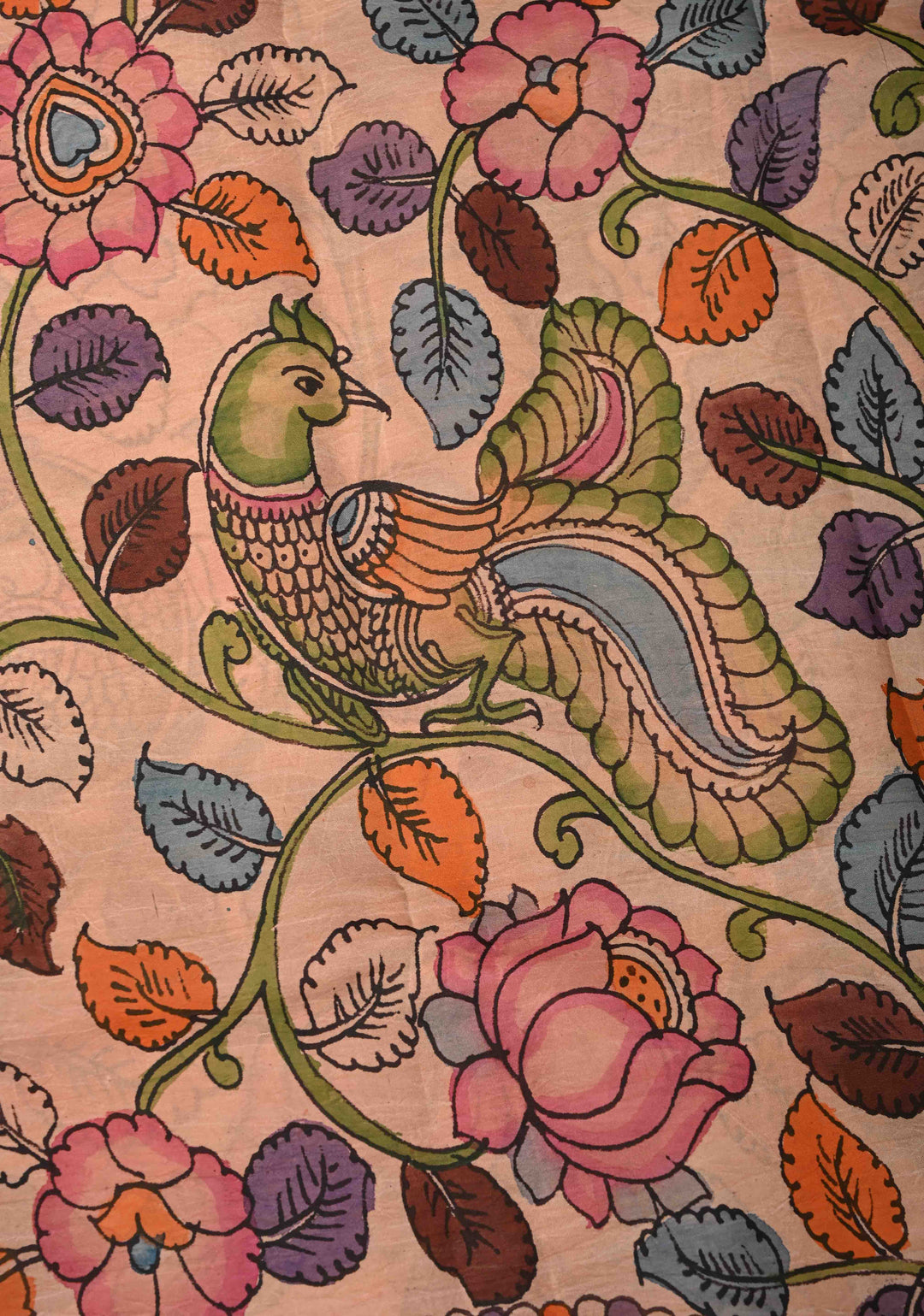 Dusty Pink Authentic Pen Kalamkari Saree with Elephant-Peacock-Mandalas and Floral Design on Pure Kanjivaram Silk with Contrast Zari Borders | SILK MARK CERTIFIED