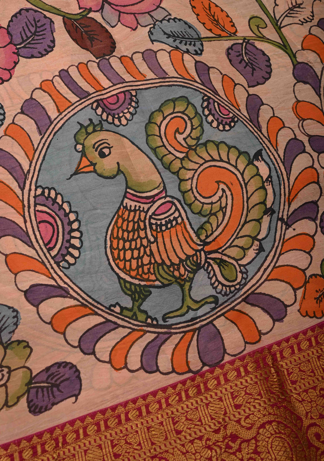Dusty Pink Authentic Pen Kalamkari Saree with Elephant-Peacock-Mandalas and Floral Design on Pure Kanjivaram Silk with Contrast Zari Borders | SILK MARK CERTIFIED