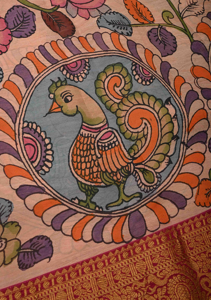 Dusty Pink Authentic Pen Kalamkari Saree with Elephant-Peacock-Mandalas and Floral Design on Pure Kanjivaram Silk with Contrast Zari Borders | SILK MARK CERTIFIED