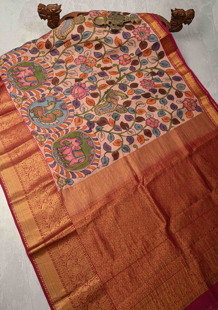 Dusty Pink Authentic Pen Kalamkari Saree with Elephant-Peacock-Mandalas and Floral Design on Pure Kanjivaram Silk with Contrast Zari Borders | SILK MARK CERTIFIED