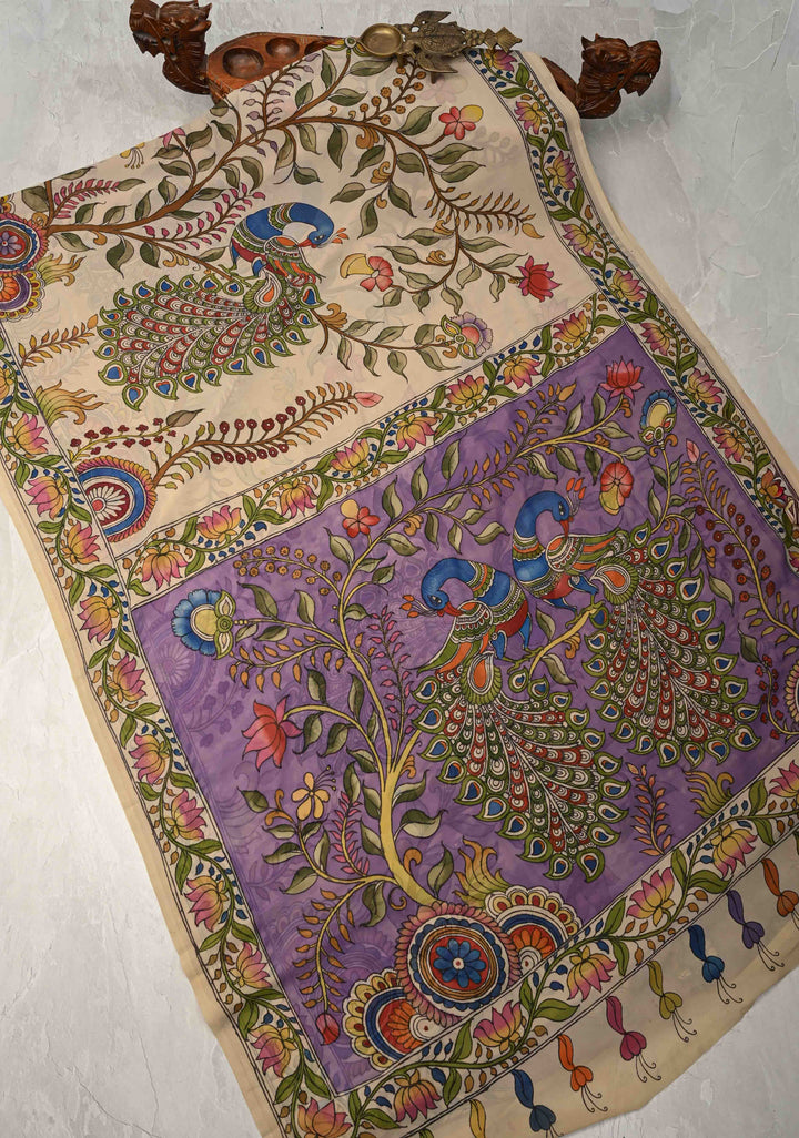 Panchvati Celestial Forest Theme :  Authentic Pen Kalamkari on Pure Banarasi Georgette Saree with Border | SILK MARK CERTIFIED