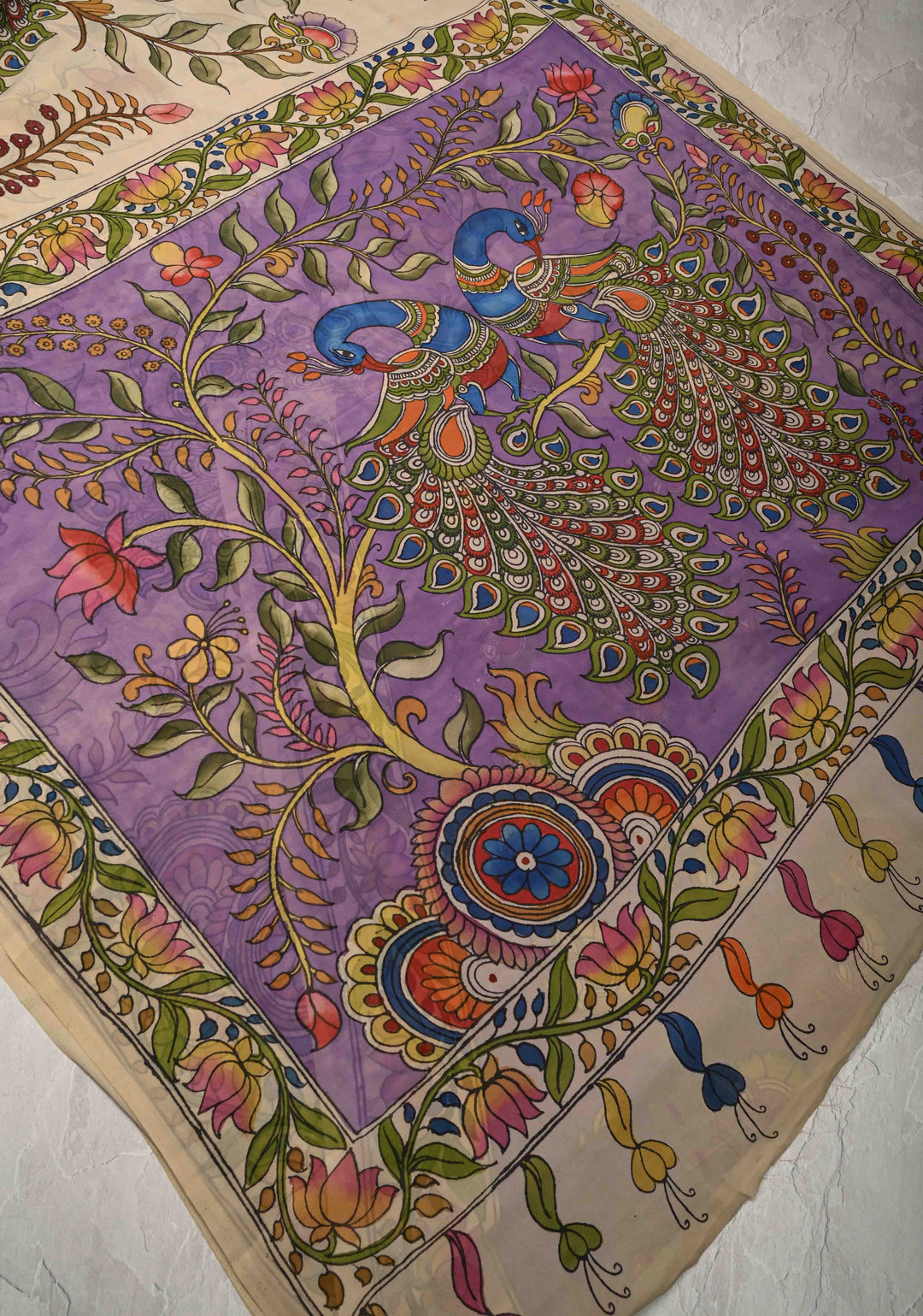 Panchvati Celestial Forest Theme :  Authentic Pen Kalamkari on Pure Banarasi Georgette Saree with Border | SILK MARK CERTIFIED